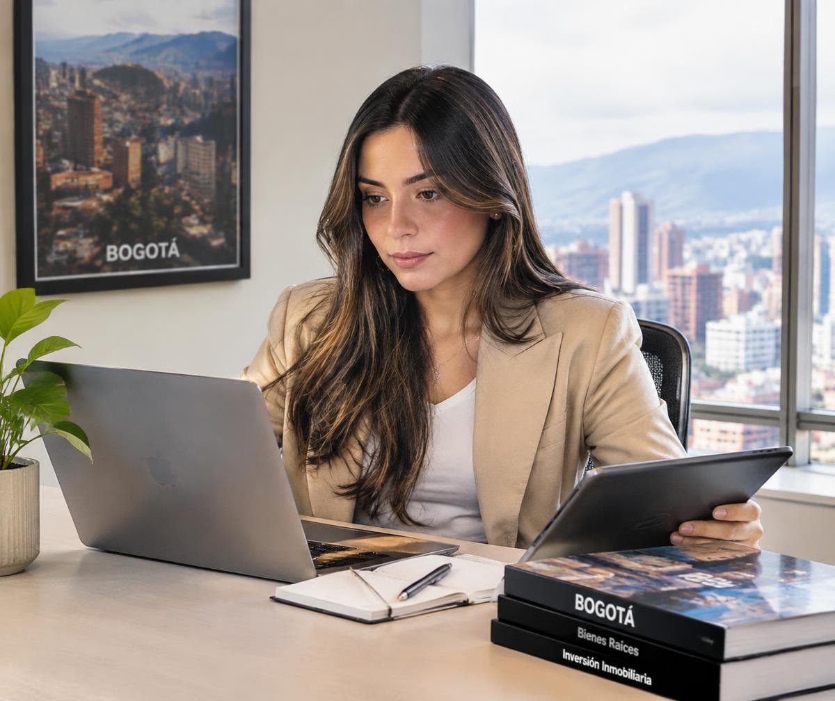 Asesora analizando información de un inmueble en su computador