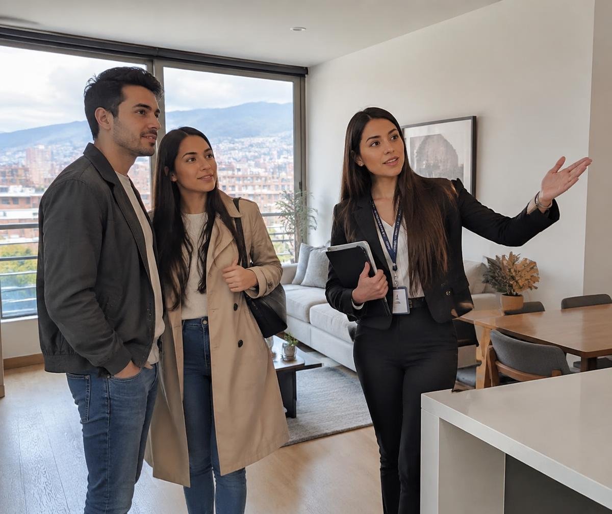 Pareja visitando un apartamento acompañada por un asesor