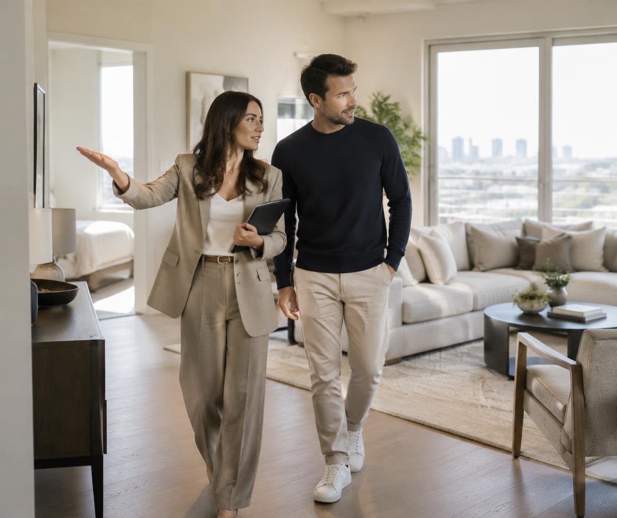Asesora mostrando un apartamento a un posible comprador