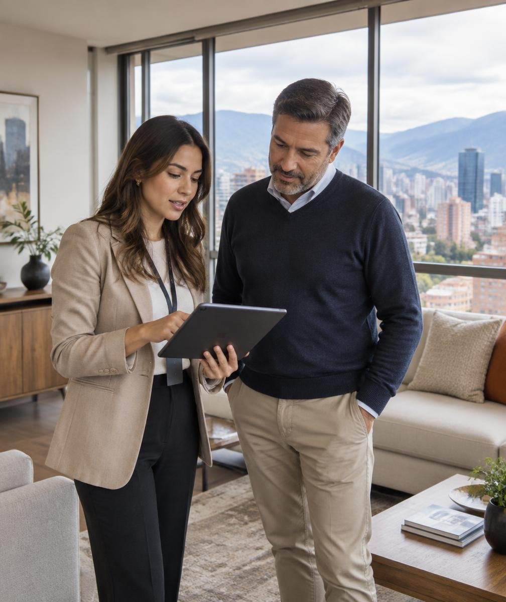 Asesora de Inmobiliaria Profesional revisando información con un propietario en su apartamento en Bogotá