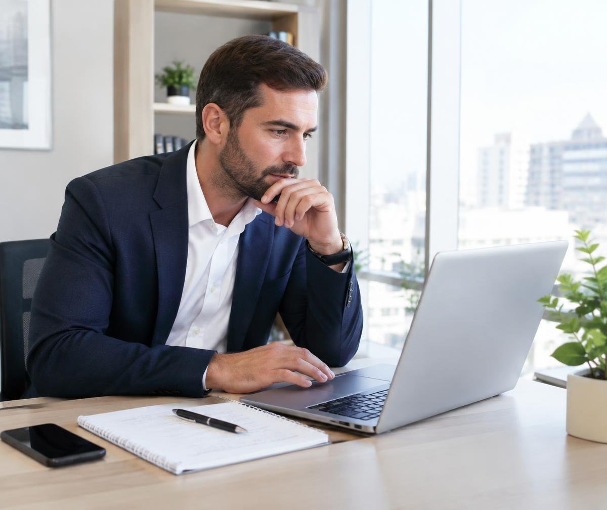 Asesor revisando precios de propiedades similares en su computador